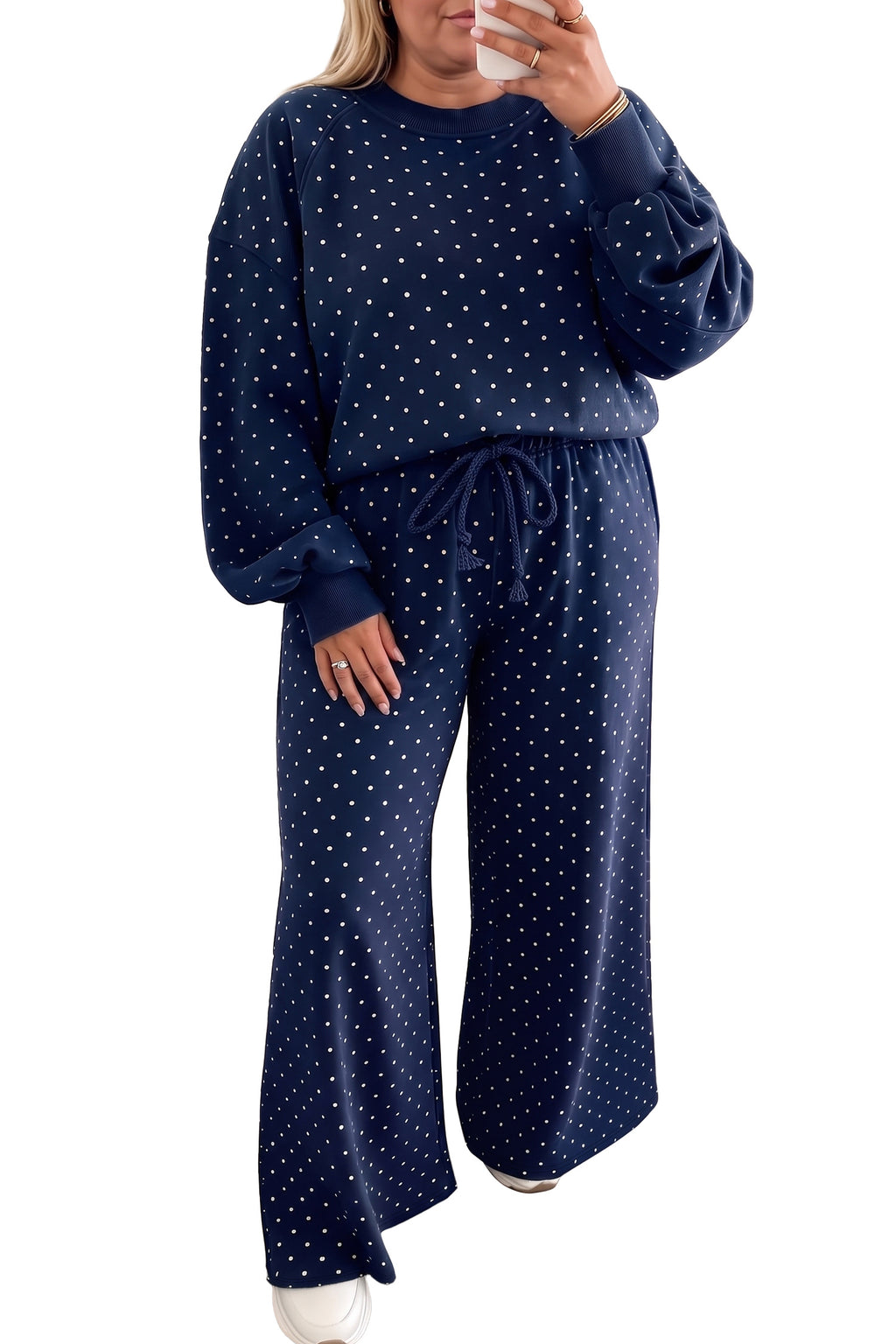 Blue Polka Dot Round-Neck Long-Sleeve Set