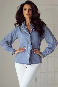 Hazel Blues® |  Frill Button Up Long Sleeve Denim Top