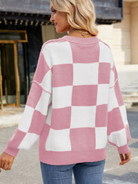 Hazel Blues® |  Checkered Round Neck Long Sleeve Sweater