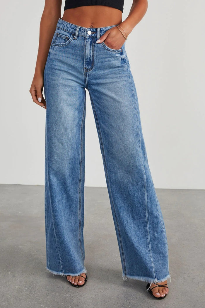 Hazel Blues® |  Raw Hem Wide Leg Jeans with Pockets