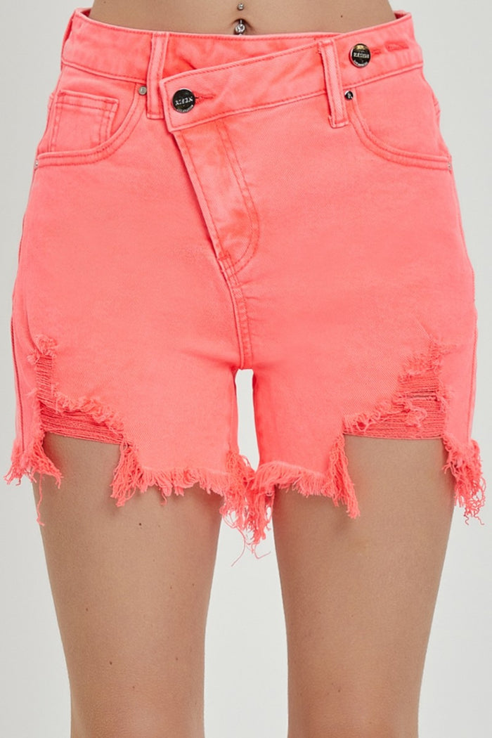 Hazel Blues® |  RISEN Raw Hem Asymmetrical Waist Denim Shorts