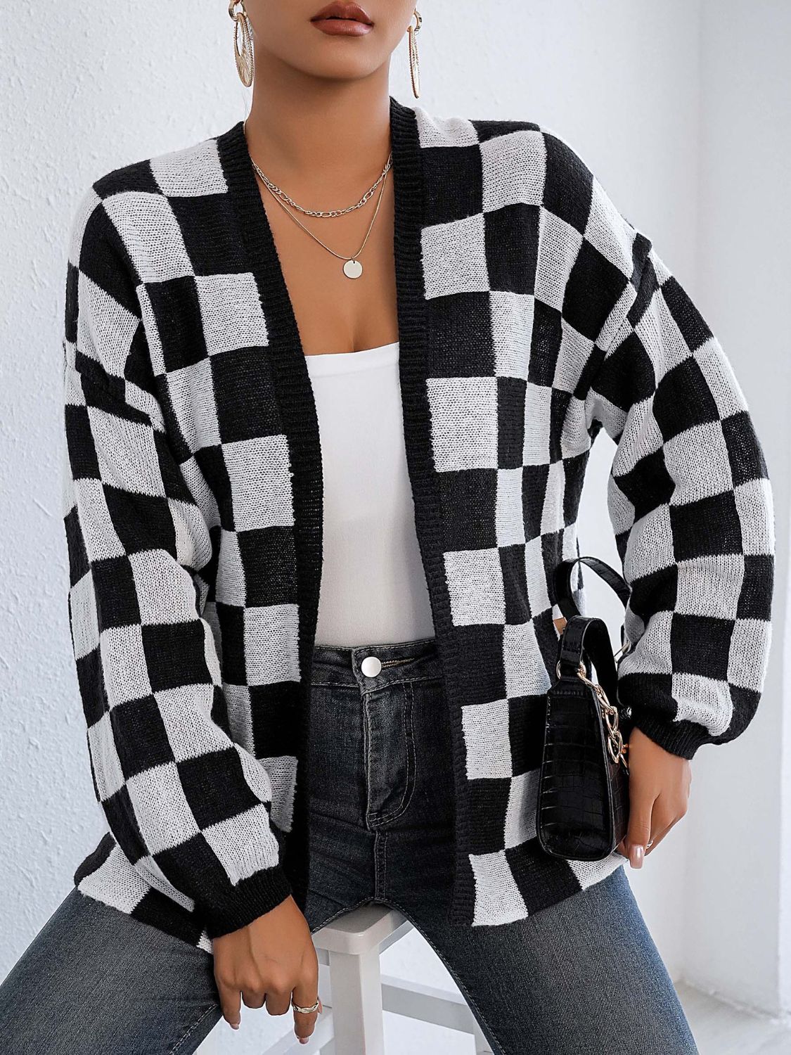 Hazel Blues® |  Checkered Open Front Long Sleeve Cardigan