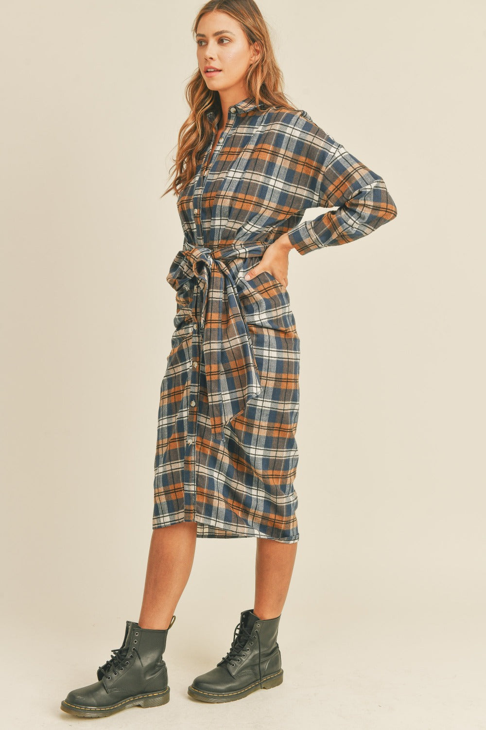 Hazel Blues® |  Mable Plaid Flannel Front Tie Button Down Shirt Dress