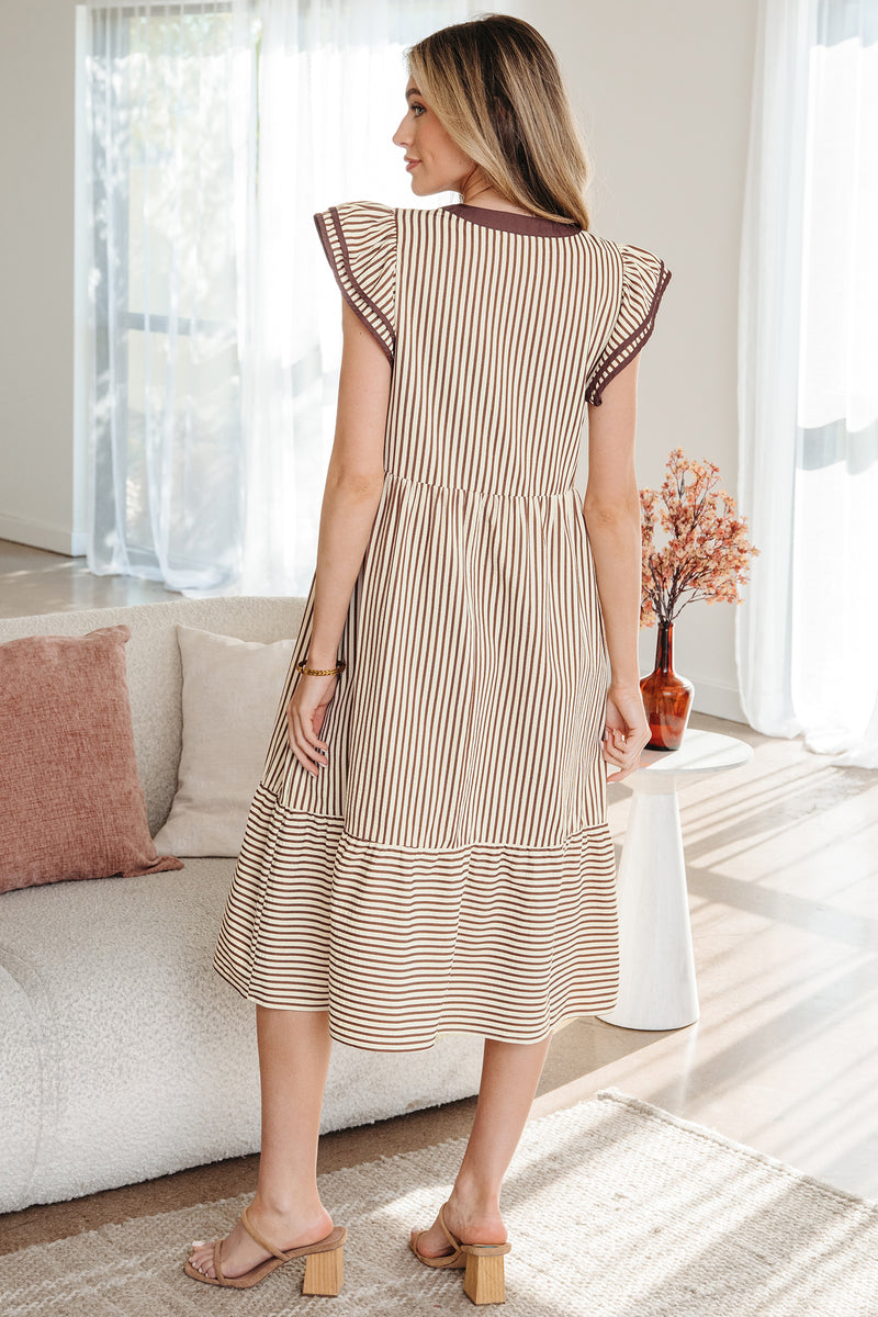 Melliflo Ruffle Hem Striped Dress For Women – V-Neck, Short Puff