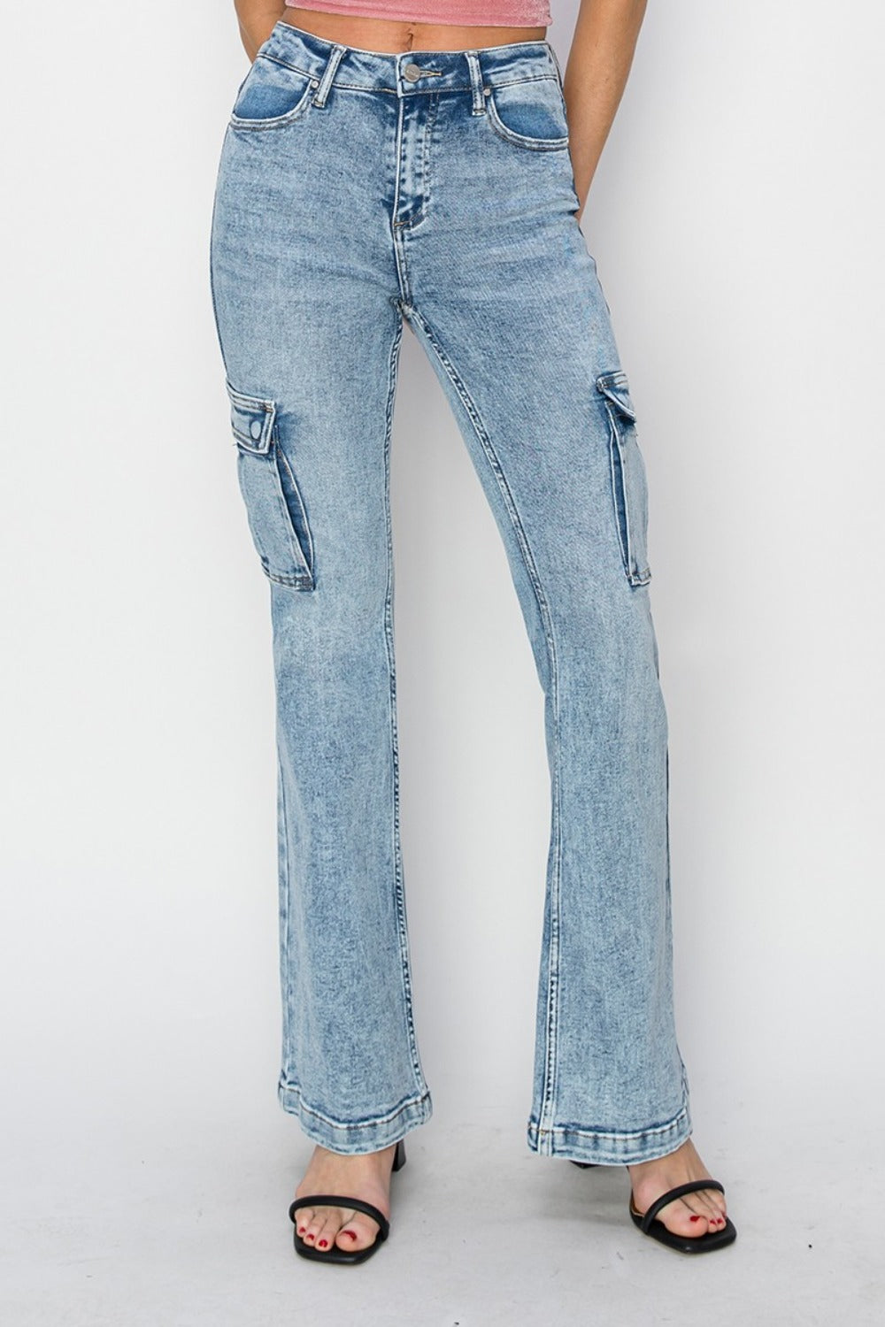 Hazel Blues® |  RISEN High Rise Cargo Flare Jeans