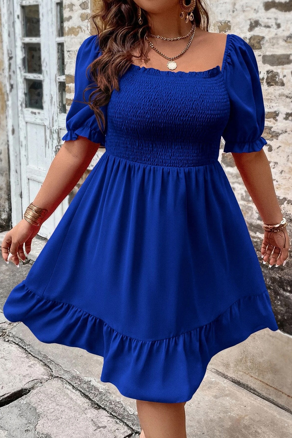 Hazel Blues® | Smocked Square Neck Short Sleeve Dress