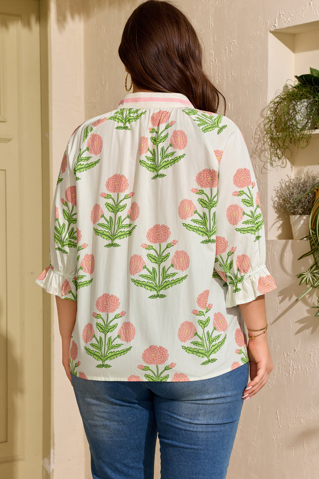 Striped Trim Floral Print V-Neck Blouse