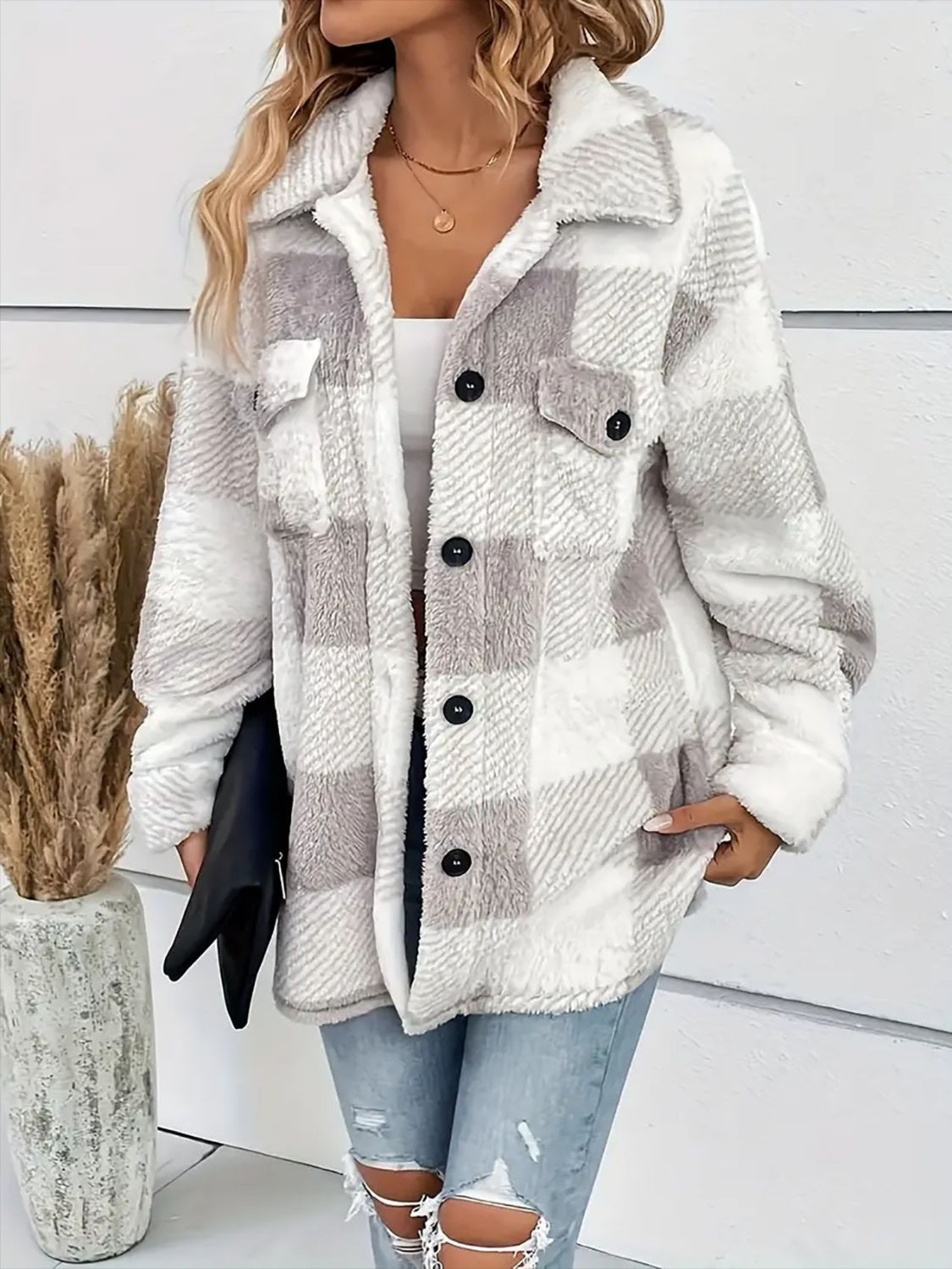 Hazel Blues® |  Plaid Dropped Shoulder Long Sleeve Plush Coat