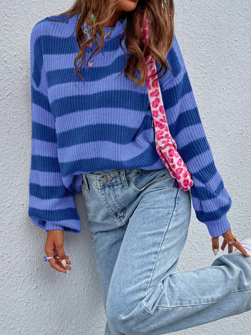 Hazel Blues® |  Honey Striped Round Neck Long Sleeve Sweater