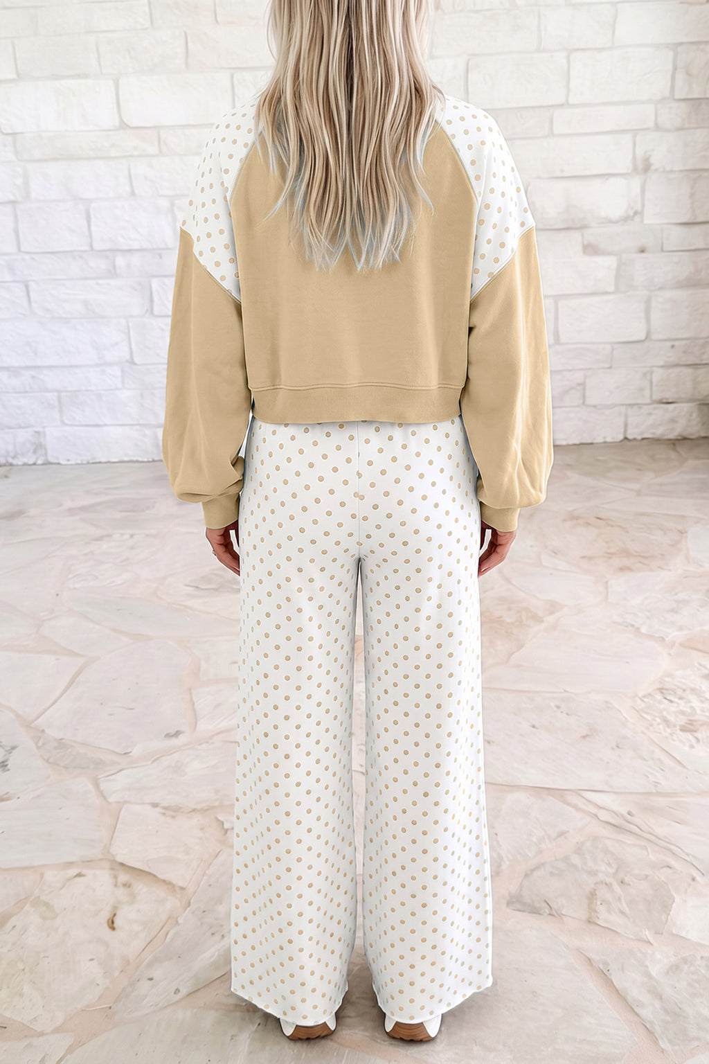 Elise Pearl Khaki Polka Dot Patchwork Color-Block Long-Sleeve Casual Two-Piece Pants Set