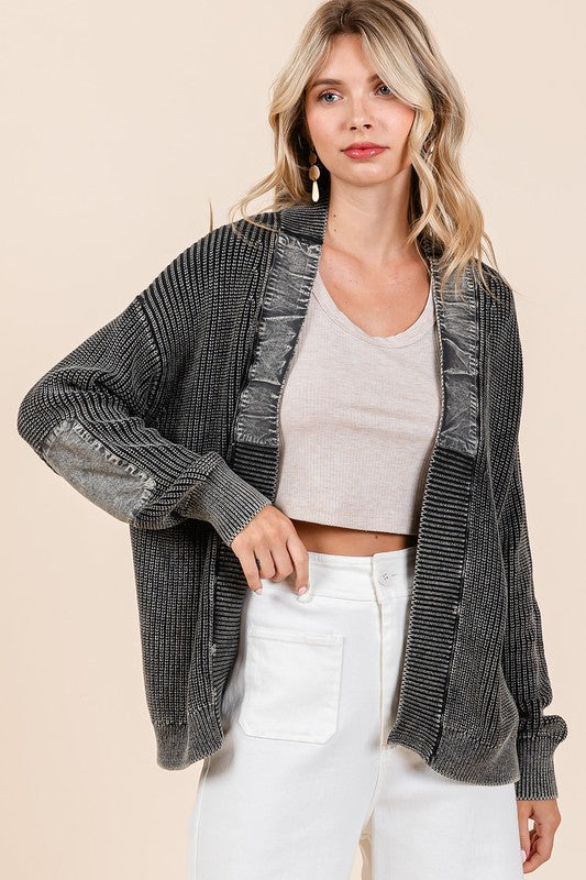 Hazel Blues® |  Mittoshop Contrast Patch Open Front Mineral Wash Cardigan