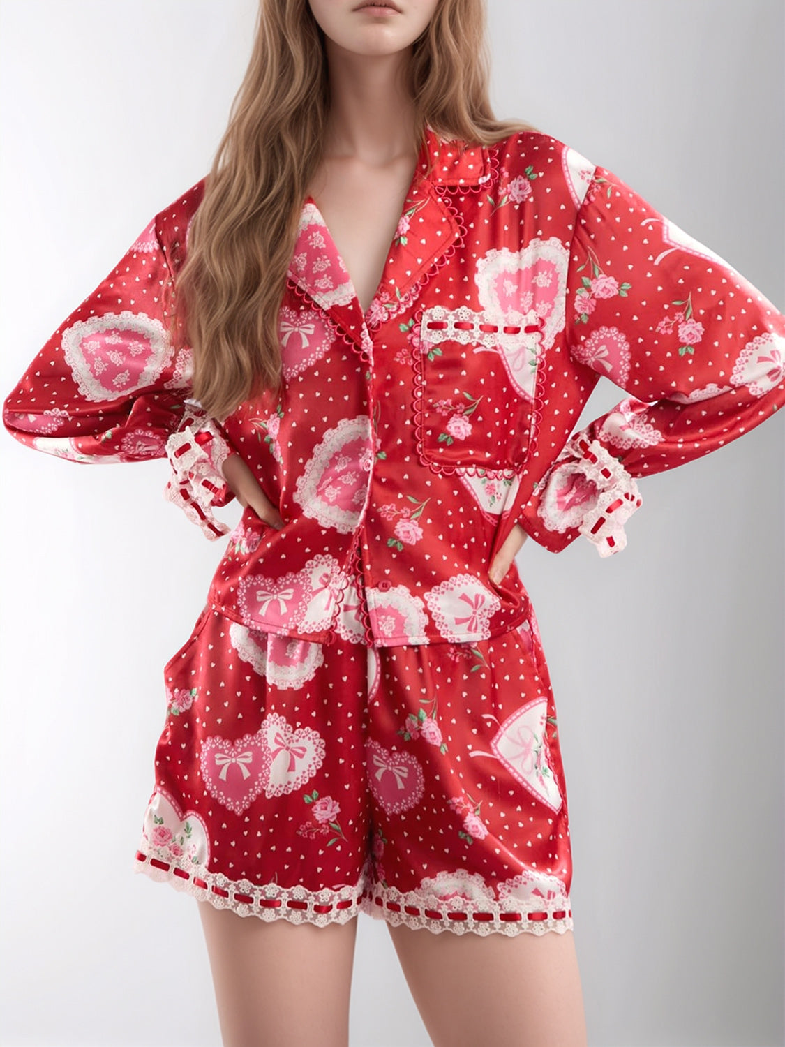 Valentine’s Day Lace Detail Heart Print Collared Neck Top and Shorts Lounge Set