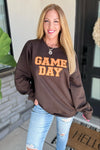 Hazel Blues® |  PREORDER: Embroidered Glitter Game Day Sweatshirt in Brown/Orange