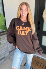 Hazel Blues® |  PREORDER: Embroidered Glitter Game Day Sweatshirt in Brown/Orange