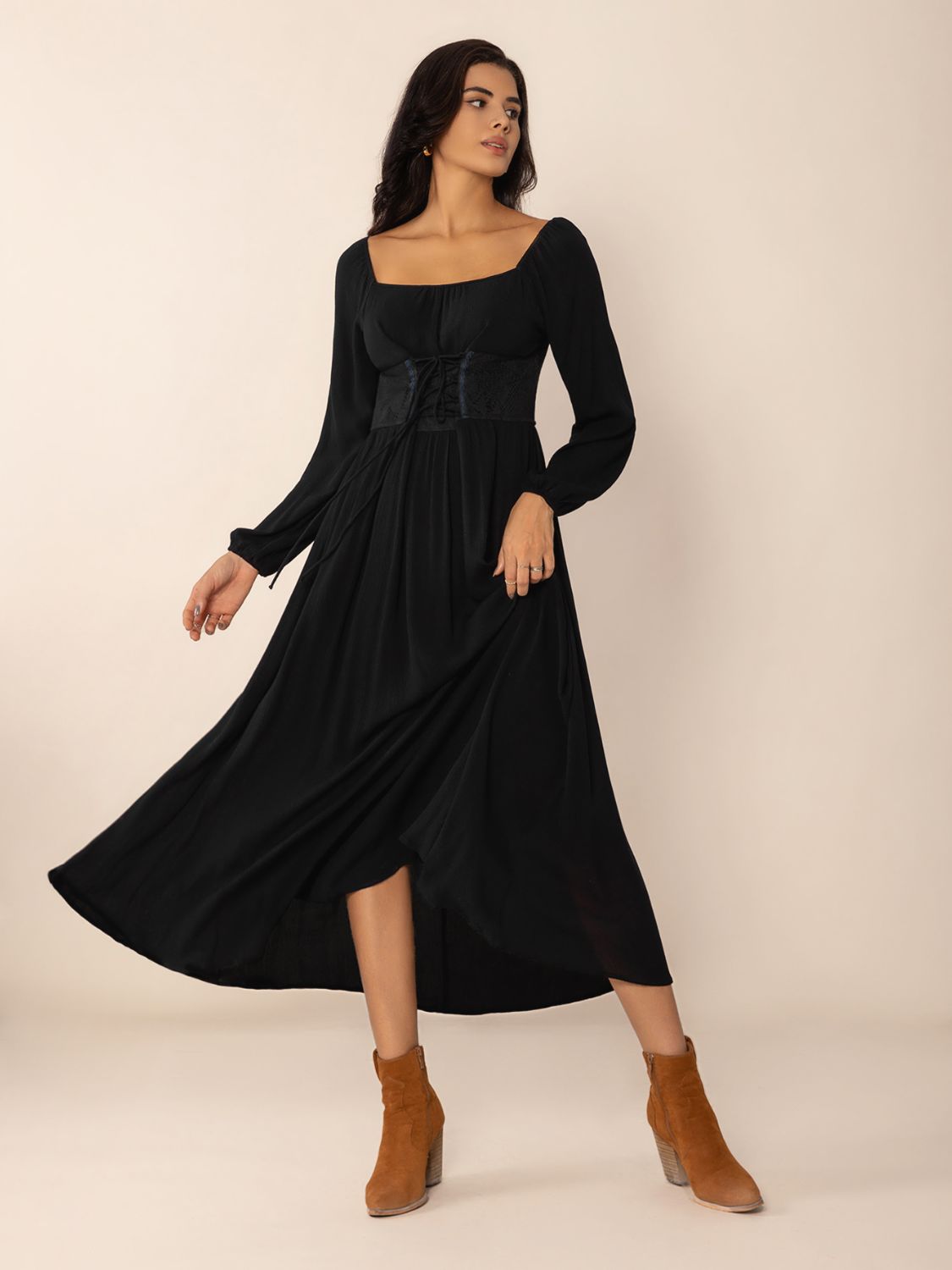 Hazel Blues® |  Lace-Up Square Neck Long Sleeve Midi Dress