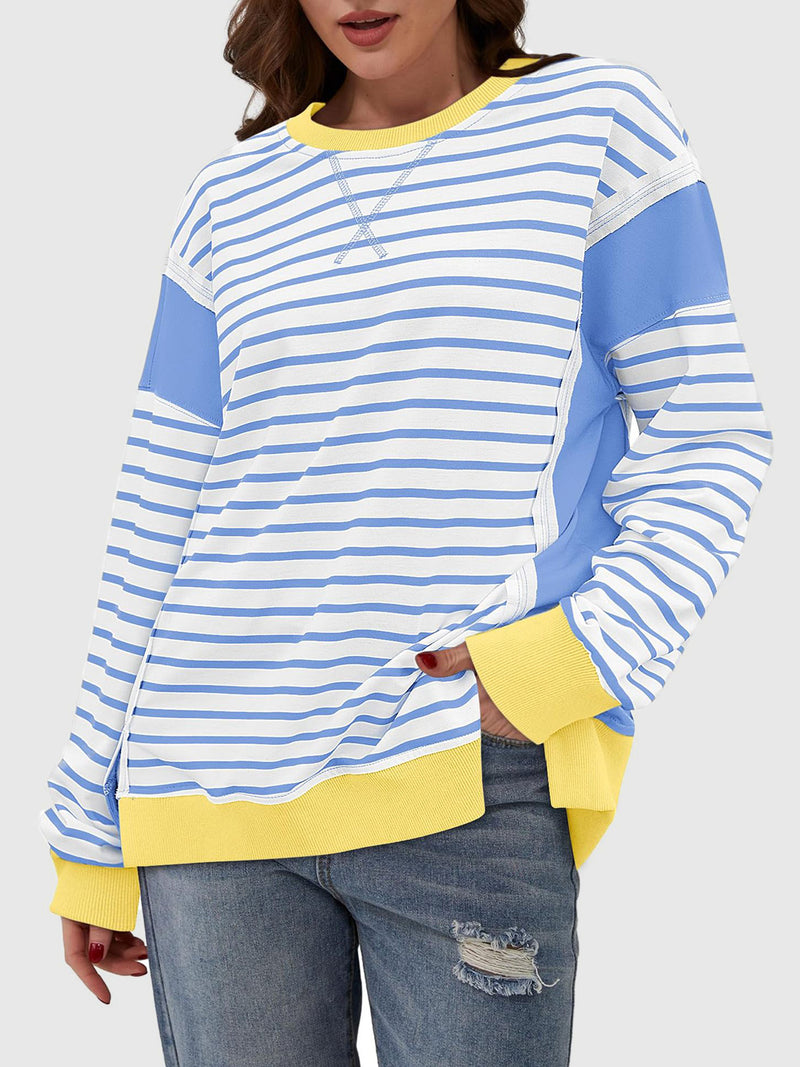 Hazel Blues® |  Slit Exposed Seam Striped Long Sleeve Sweatshirt