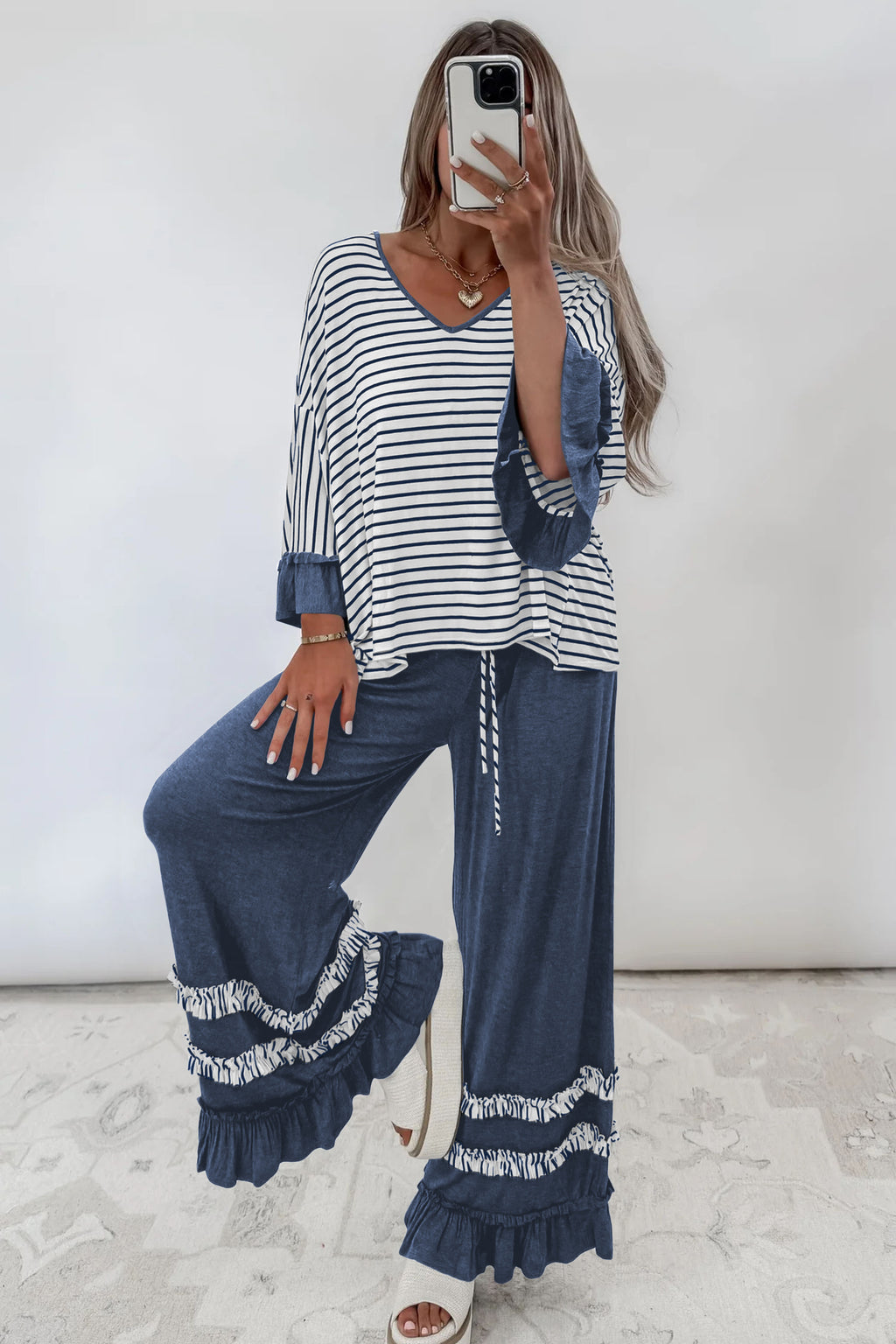 Elise Claire Blue Stripe V-Neck Ruffle Contrast Sleeve Top Drawstring Pants 2-Piece Set