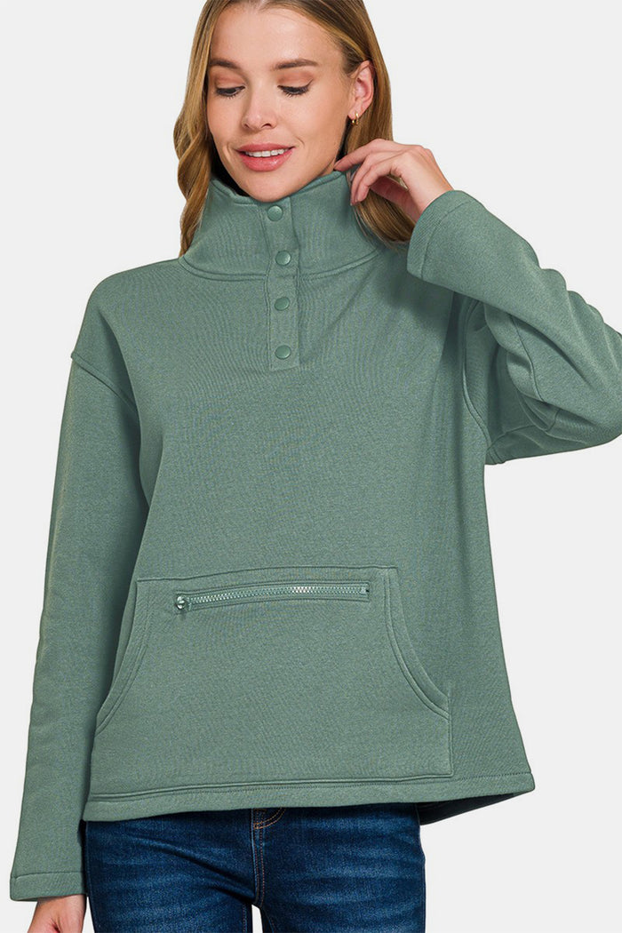 Hazel Blues® |  Zenana Turtleneck Half Snap Fleece Sweatshirt