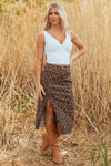 Hazel Blues® |  Brown Leopard Denim Frayed Split Denim Midi Skirt