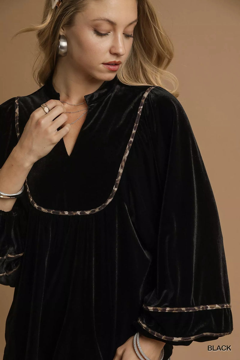 Hazel Blues | Umgee Velvet Long Sleeve Blouse with Contrast Trim Black / L Hazel Blues | Umgee Velvet Long Sleeve Blouse with Contrast Trim Black / L