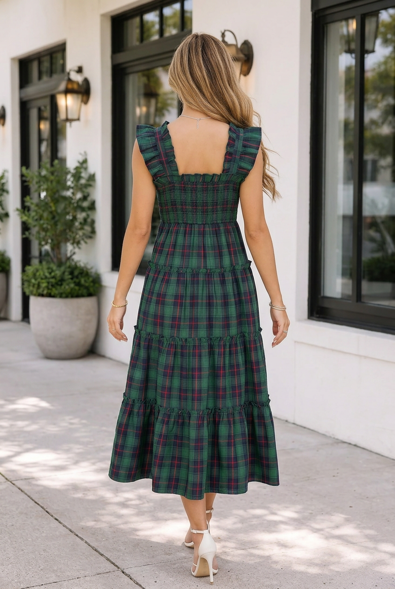 green plaid midi dress Ruffle Sleeveless Shirred Bodice Tiered Size:21 (15-18m) Fully lined and romantic. translations for pl 16 june Burgundy Slip Maxi Dress,