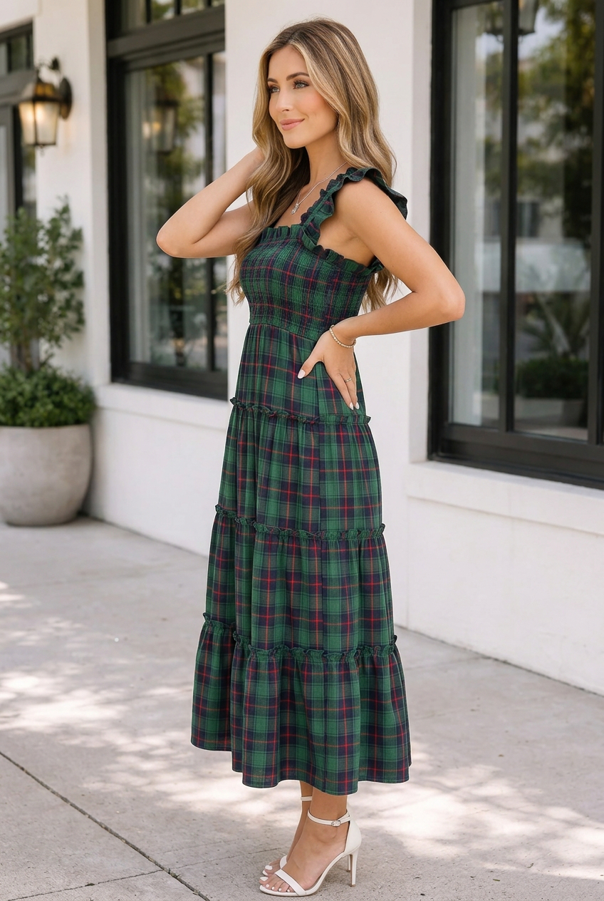 Green Plaid Ruffle Sleeveless Shirred Bodice Tiered Midi Dress