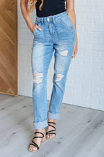 Hazel Blues® |  Aiden High Rise Patch Pocket Distressed Boyfriend Jeans