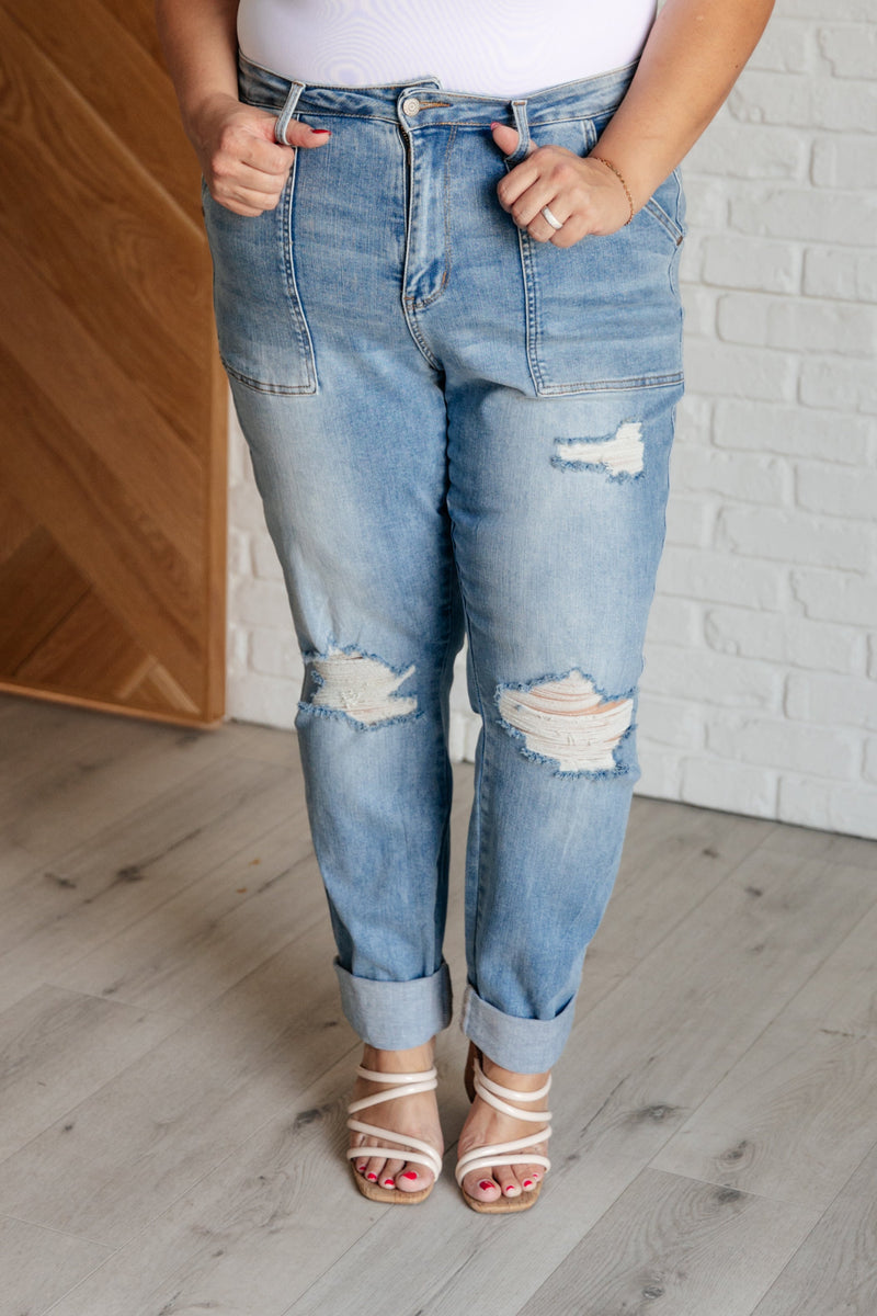 Hazel Blues® |  Aiden High Rise Patch Pocket Distressed Boyfriend Jeans