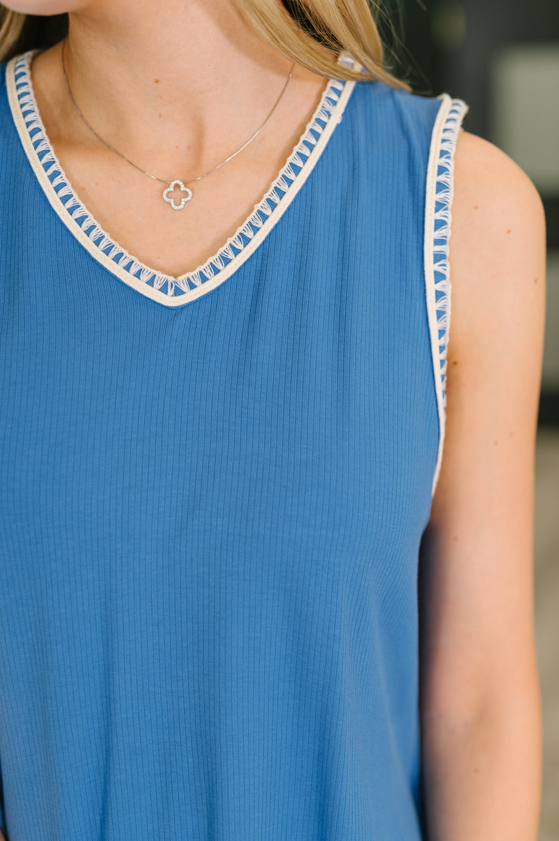Airloom Trim Detail Mini Tank Dress in Ocean Blue Small Airloom Trim Detail Mini Tank Dress in Ocean Blue Small