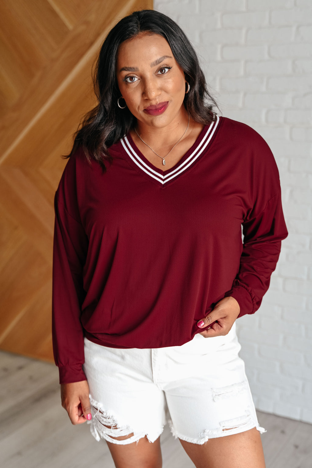 Hazel Blues® |  All Out Comfort V-Neck Pullover in Red Merlot