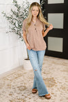 Hazel Blues® |  Almost There V-Neck Henley Top In Taupe