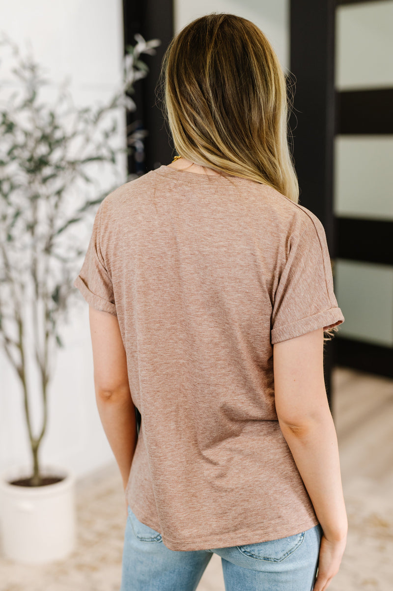 Hazel Blues® |  Almost There V-Neck Henley Top In Taupe