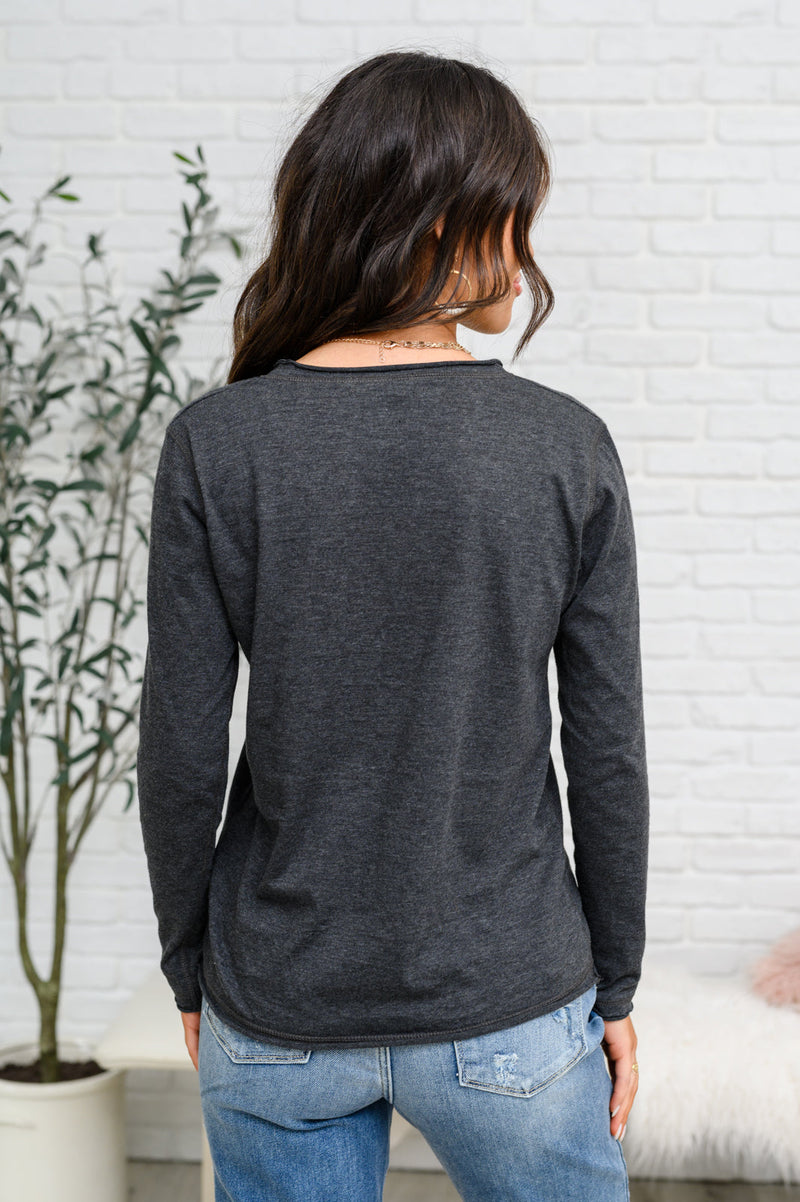 Hazel Blues® |  Alpine Raw Edge Long Sleeve Tee in Charcoal