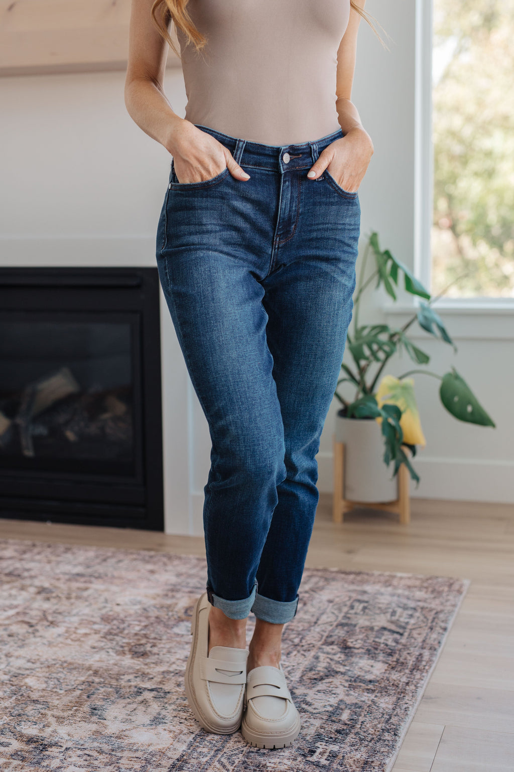 Hazel Blues® |  Amber Cuffed Slim Fit Dark Wash Jeans