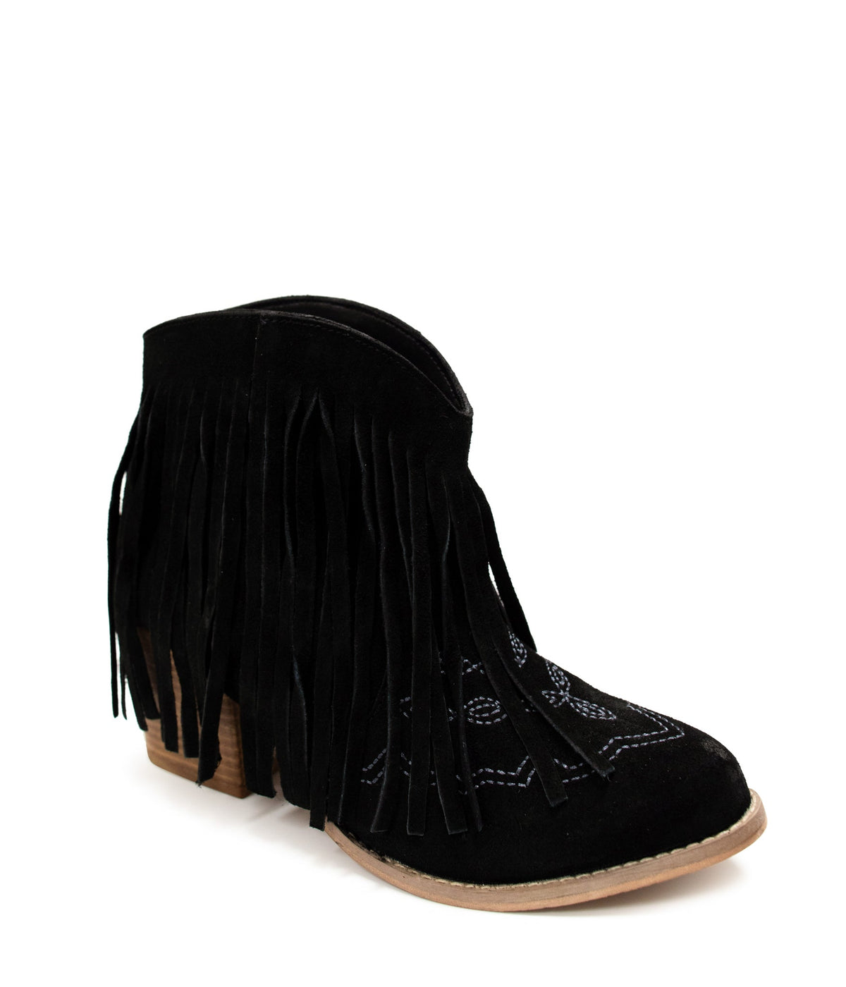 Hazel Blues® |  Amos Fringe Ankle Bootie in Black Suede