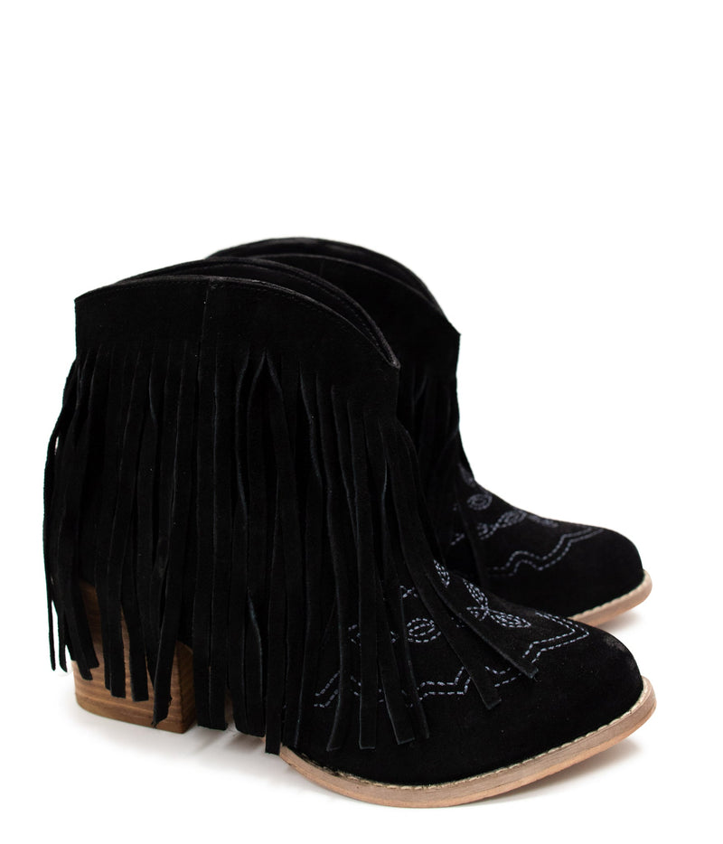 Hazel Blues® |  Amos Fringe Ankle Bootie in Black Suede