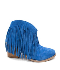 Hazel Blues® |  Amos Fringe Ankle Bootie in Blue Suede