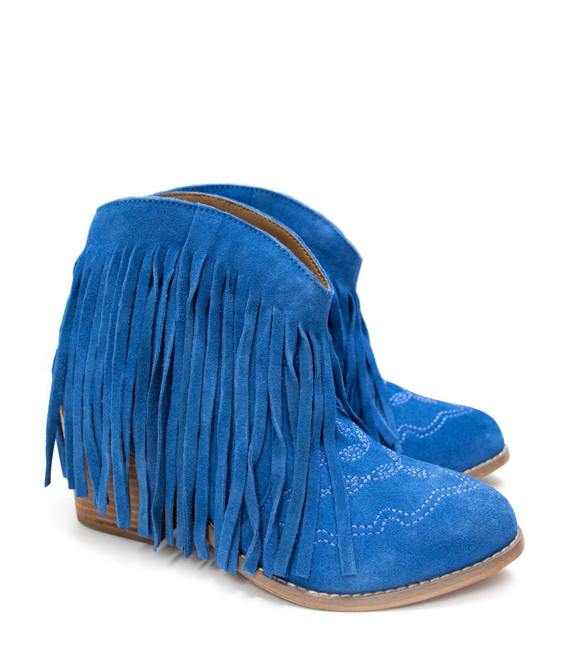 Hazel Blues® |  Amos Fringe Ankle Bootie in Blue Suede