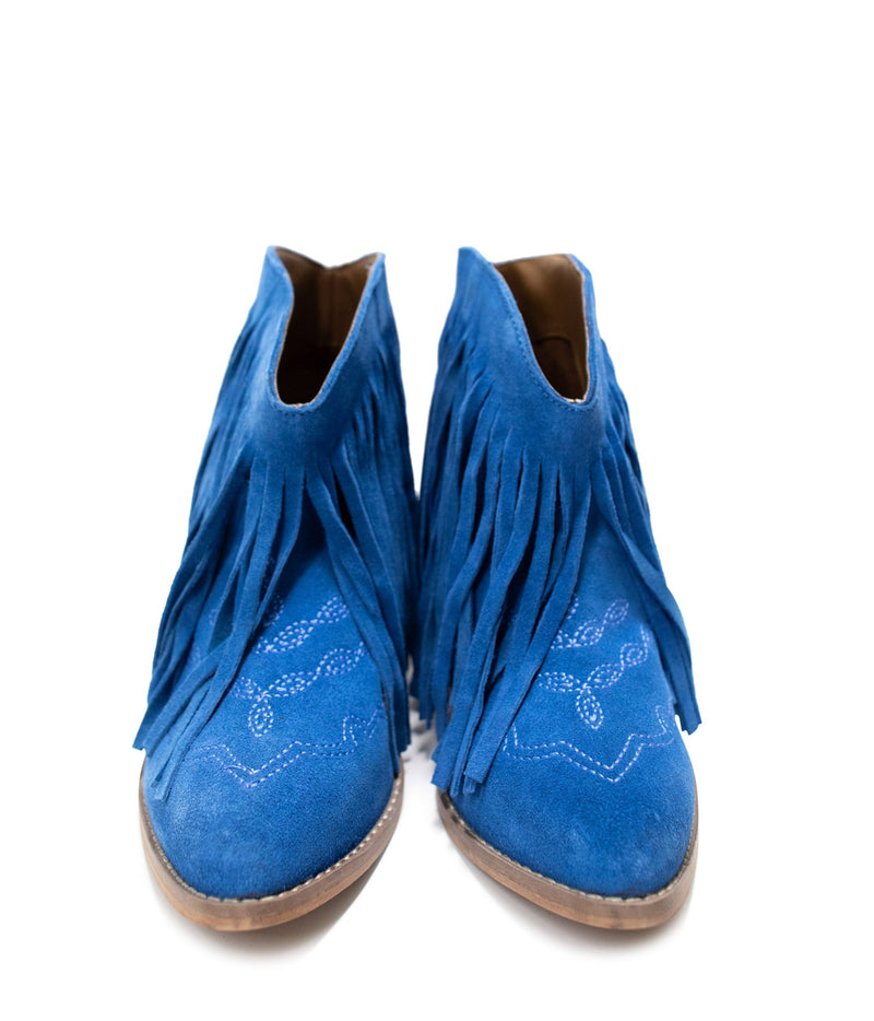 Hazel Blues® |  Amos Fringe Ankle Bootie in Blue Suede