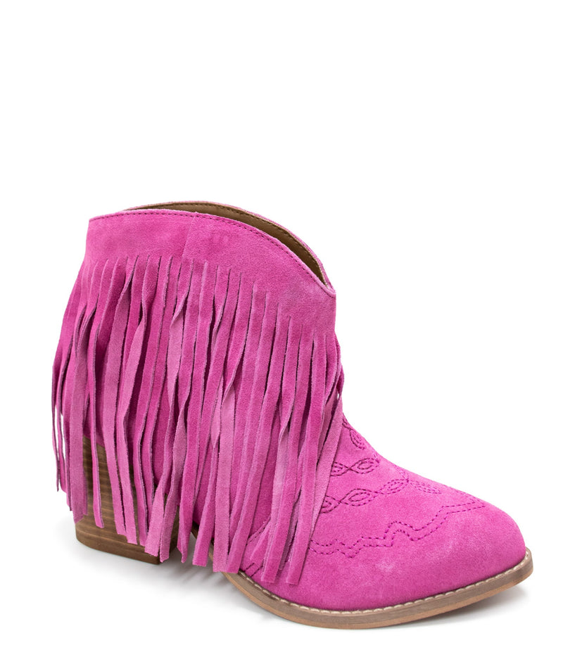 Hazel Blues® |  Amos Fringe Ankle Bootie in Magenta Suede