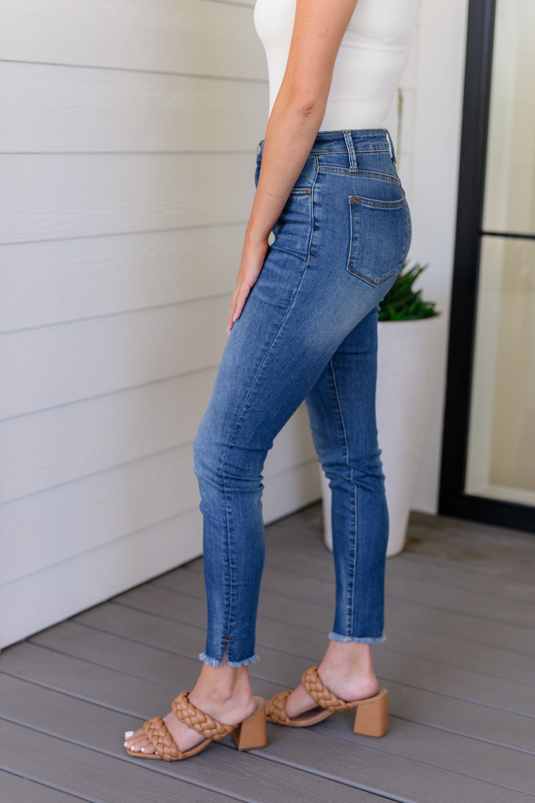 Hazel Blues® |  Amy High Rise Control Top Side Slit Skinny Jeans