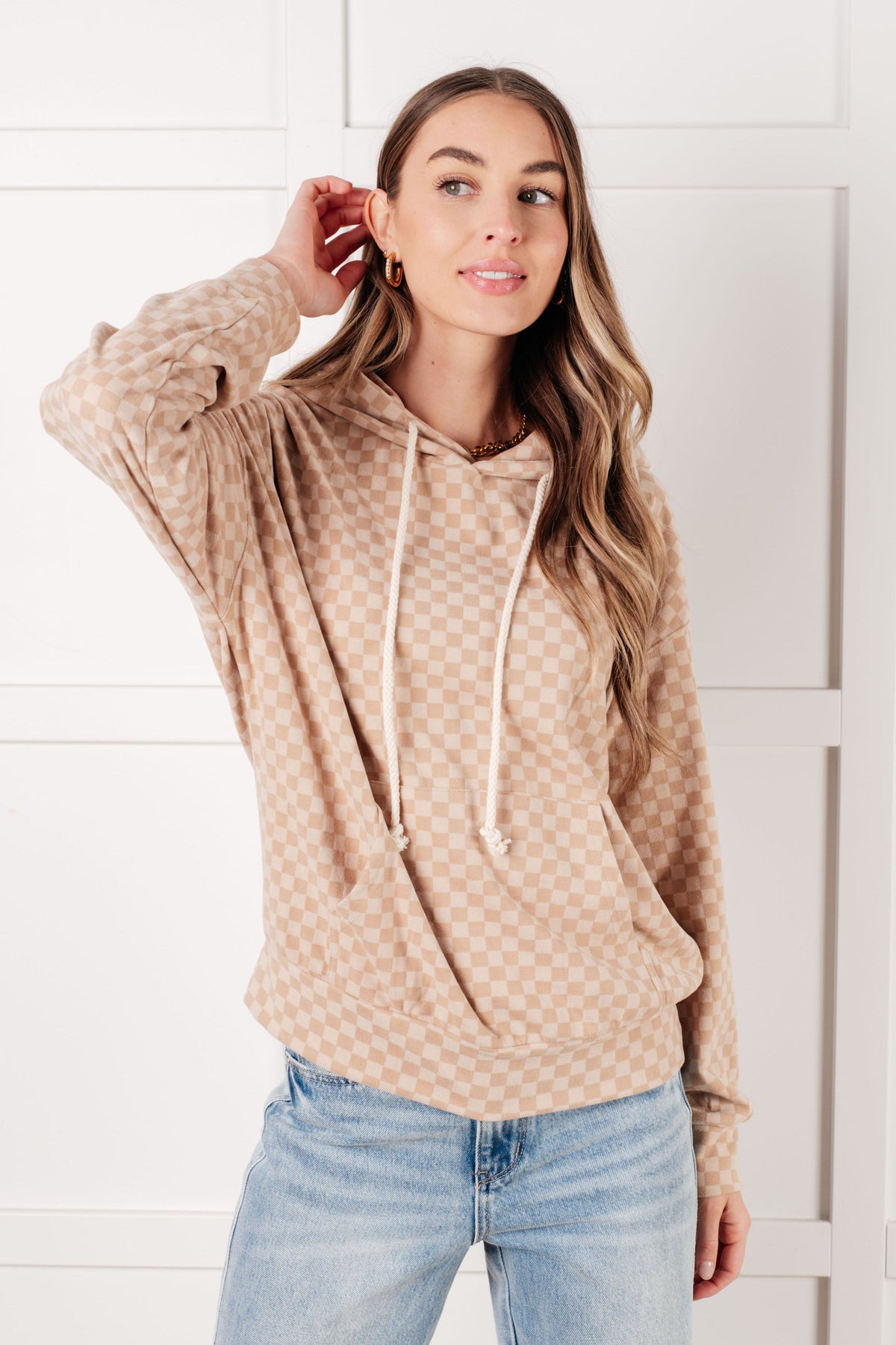 Hazel Blues® |  Ask Me Out Checkered Hoodie in Khaki