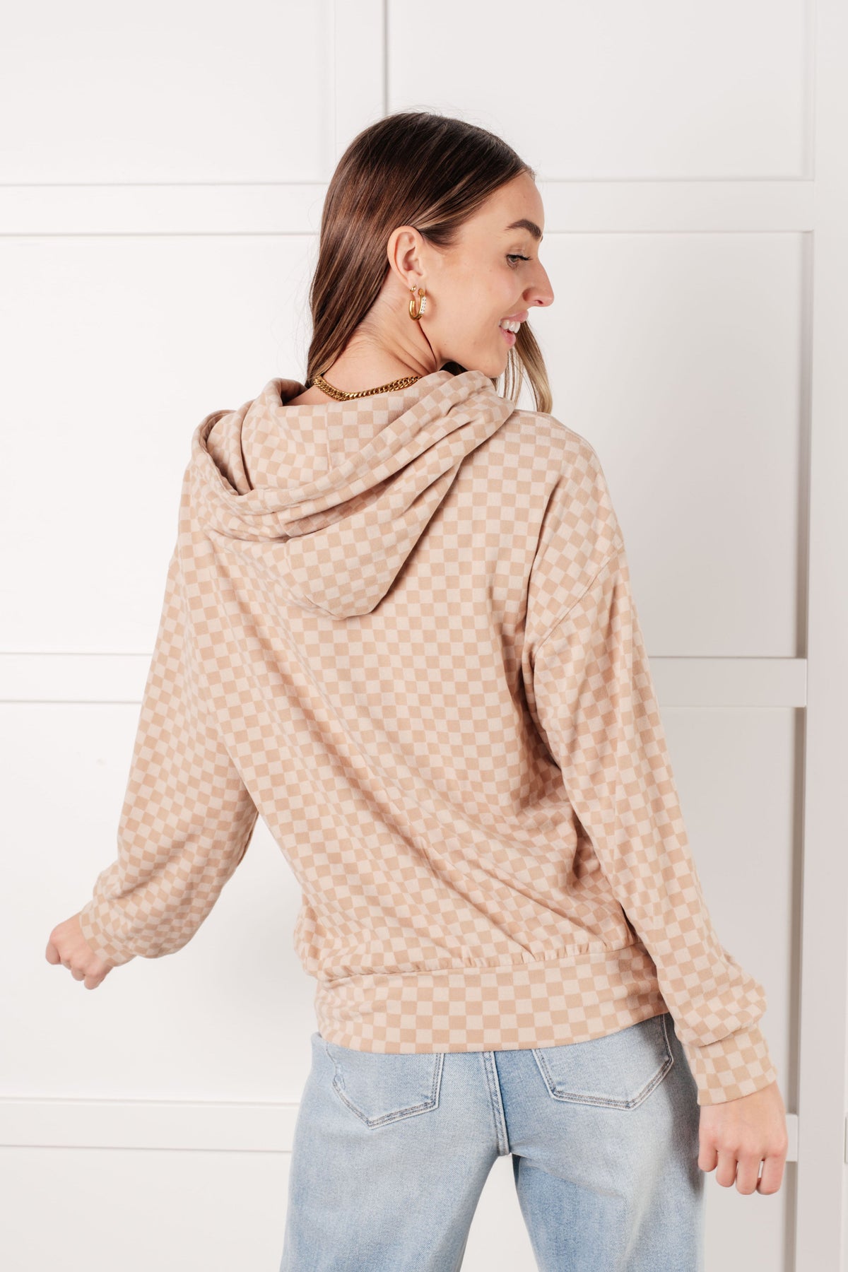 Hazel Blues® |  Ask Me Out Checkered Hoodie in Khaki