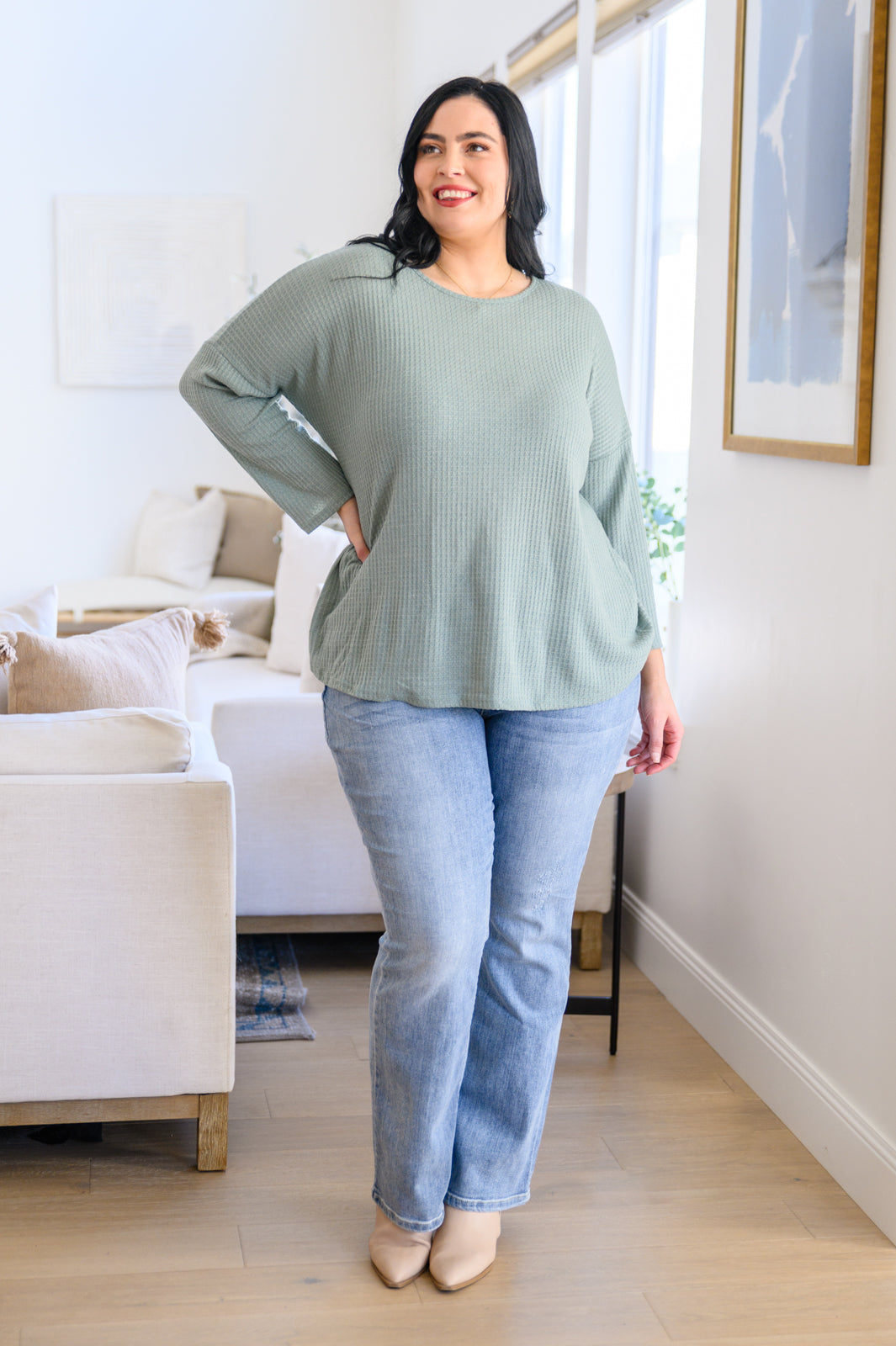 Hazel Blues® |  Austin Waffle Knit Basic Top In Sage