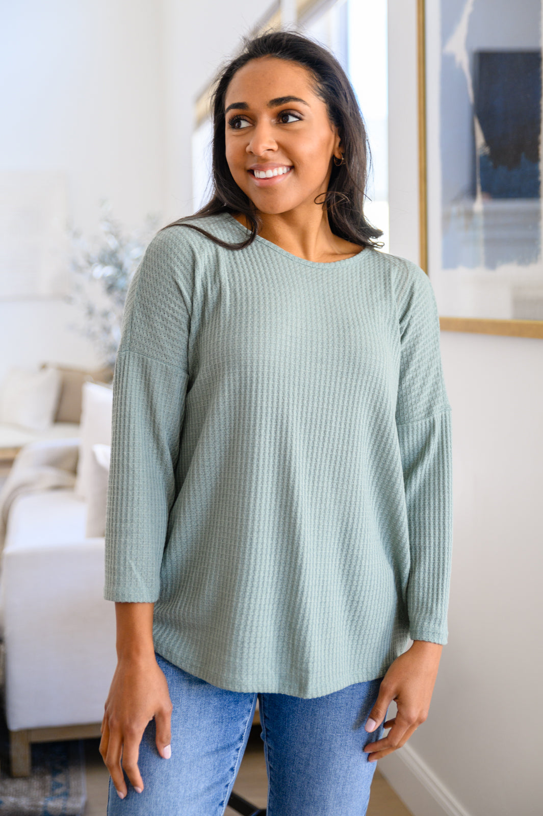 Hazel Blues® |  Austin Waffle Knit Basic Top In Sage