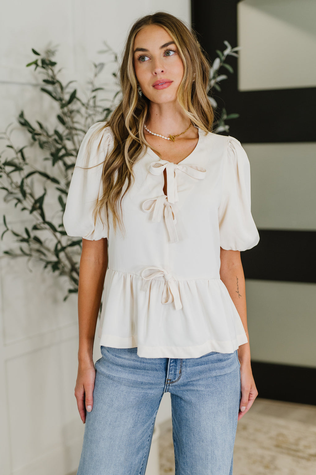 Hazel Blues® |  PREORDER: Balloon Sleeve Bow Blouse in Ivory