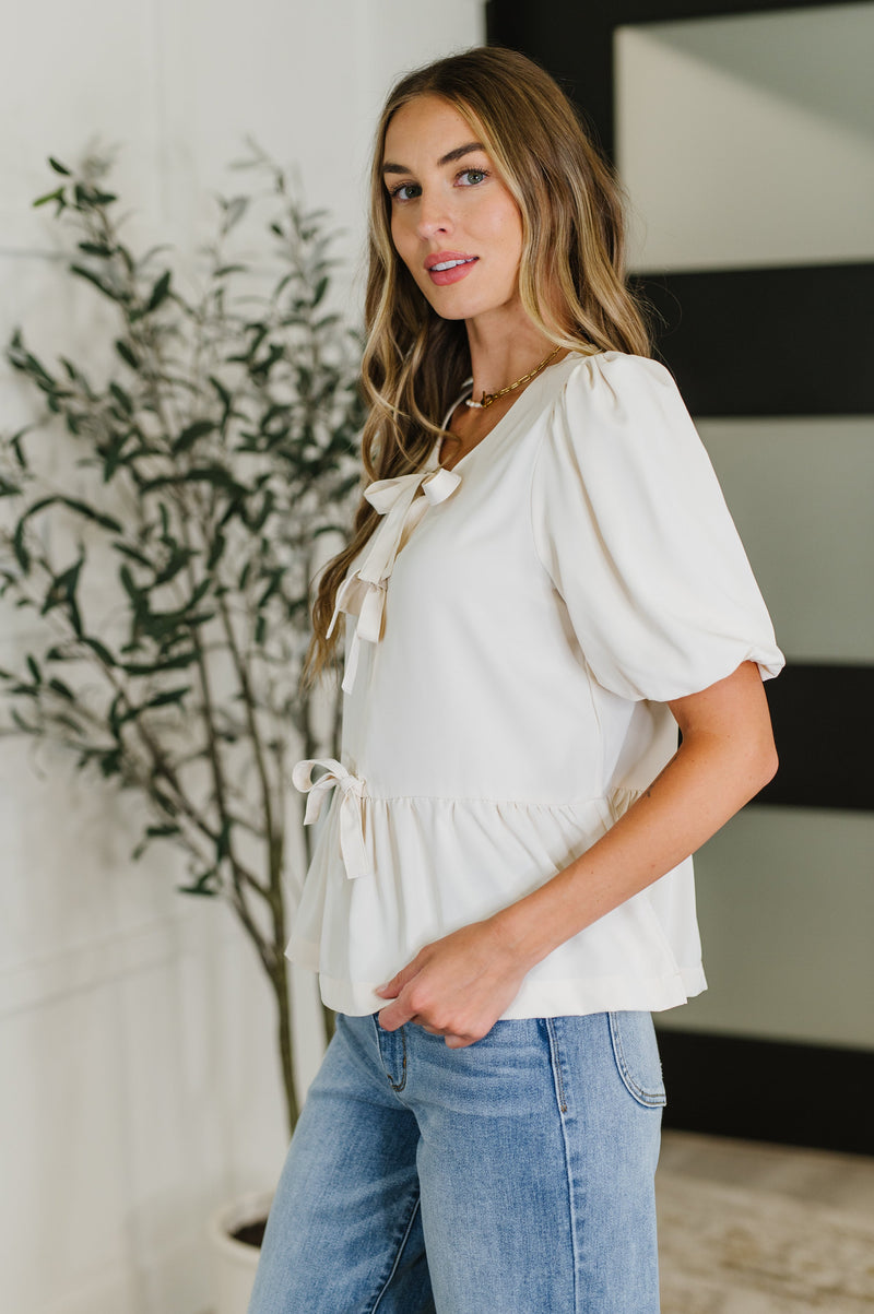 Hazel Blues® |  PREORDER: Balloon Sleeve Bow Blouse in Ivory