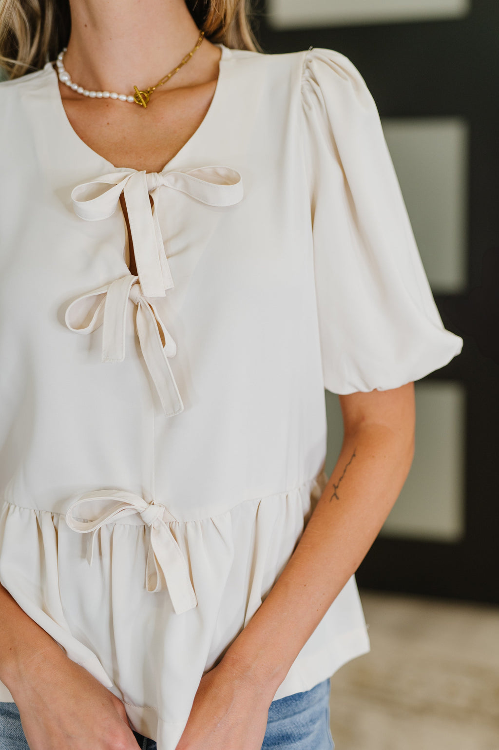 Hazel Blues® |  PREORDER: Balloon Sleeve Bow Blouse in Ivory