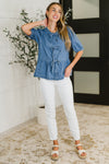 Hazel Blues® |  PREORDER: Balloon Sleeve Chambray Bow Blouse