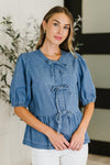 Hazel Blues® |  PREORDER: Balloon Sleeve Chambray Bow Blouse
